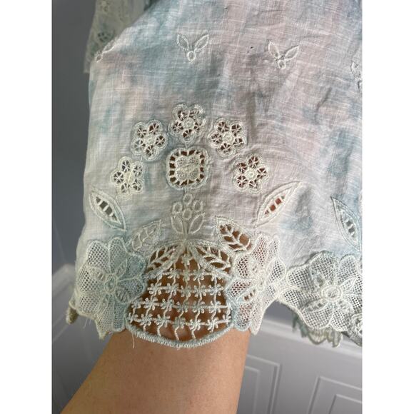 Anthropologie, Size XS, Light Blue & White Tie-Dye Embroidered Boho Blouse, Airy - Picture 5 of 7